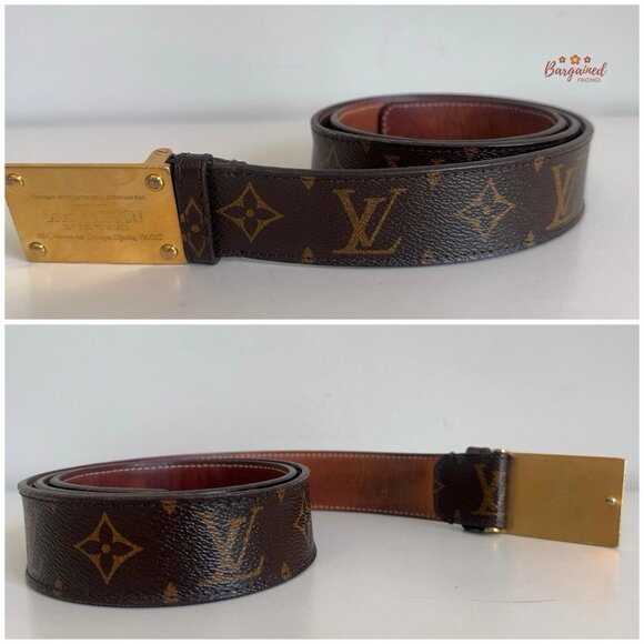 Authentic Louis Vuitton Brown Monogram Leather Inventeur Buckle Belt 90/36